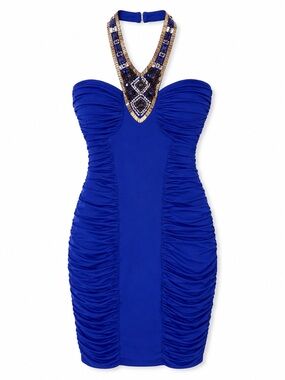 Bebe Y2K Royal Blue Ruched Bodycon Mini Dress Jeweled Halter Small
